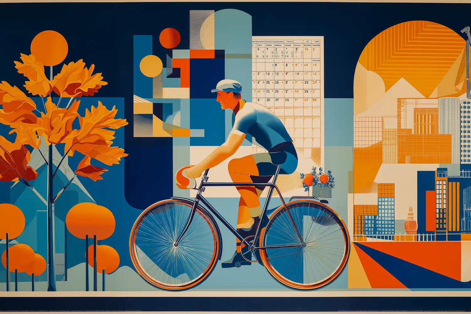 Ilustración art déco: ciclista urbano frente a un calendario y una ciudad geométrica al atardecer.