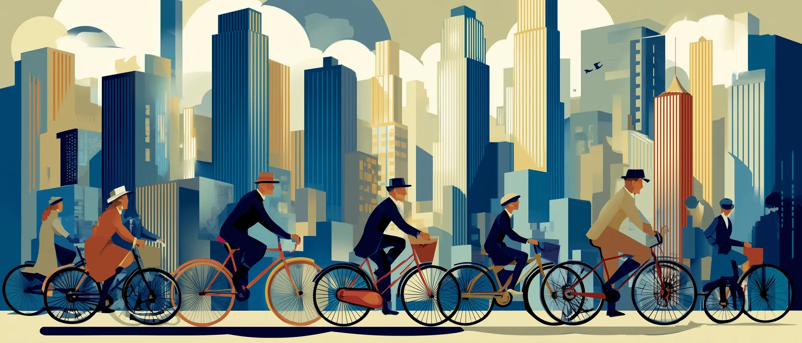 Ilustración art déco: una procesión de ciclistas con sombreros cruza
                  el centro de la ciudad frente a una silueta de edificios geométricos.