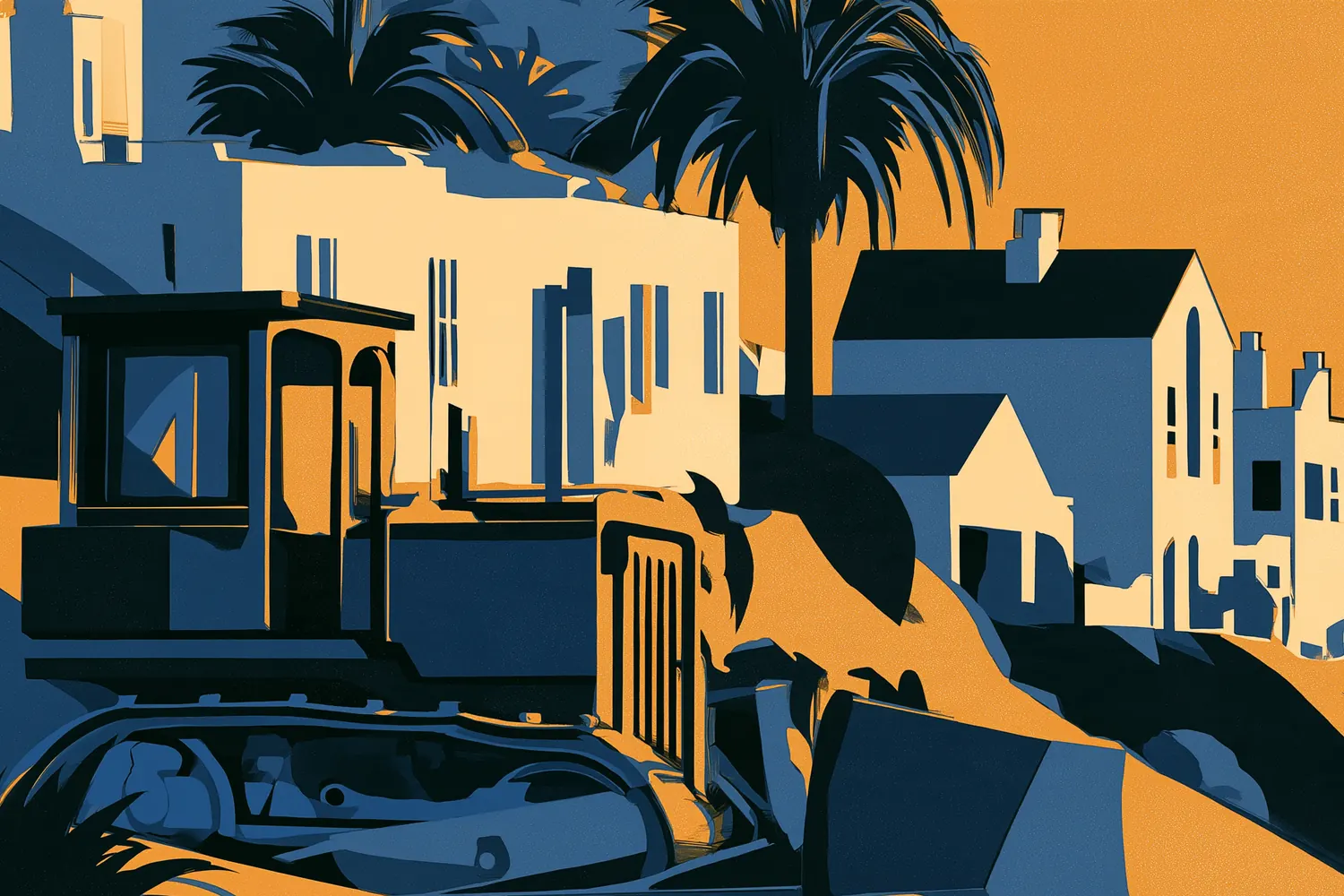 Afiche art déco: una topadora sobre una ladera de casas blancas frente a la costa, con el sol y el mar detrás.