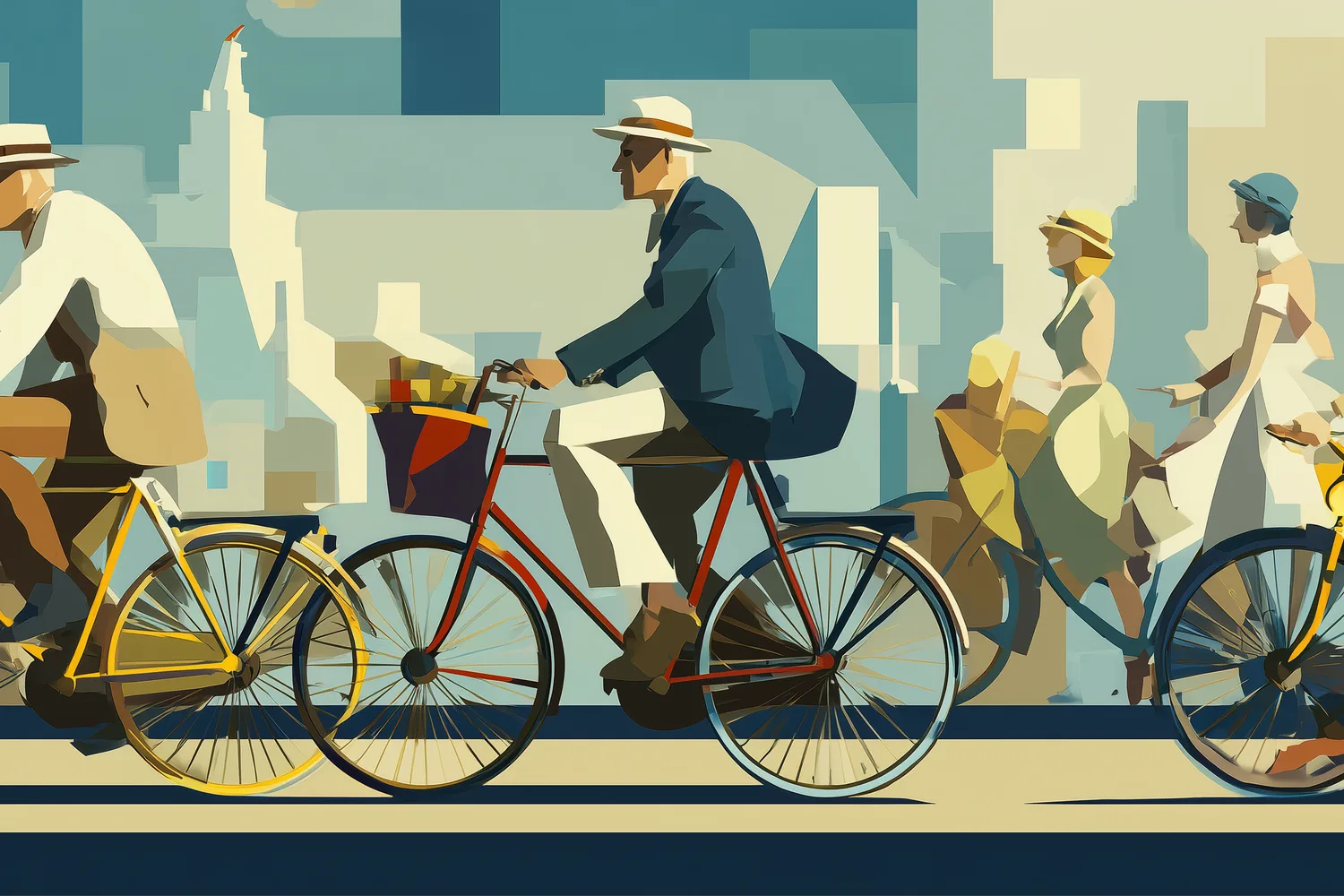 Ilustración: procesión de ciclistas en avenida con sombreros y sombras largas.