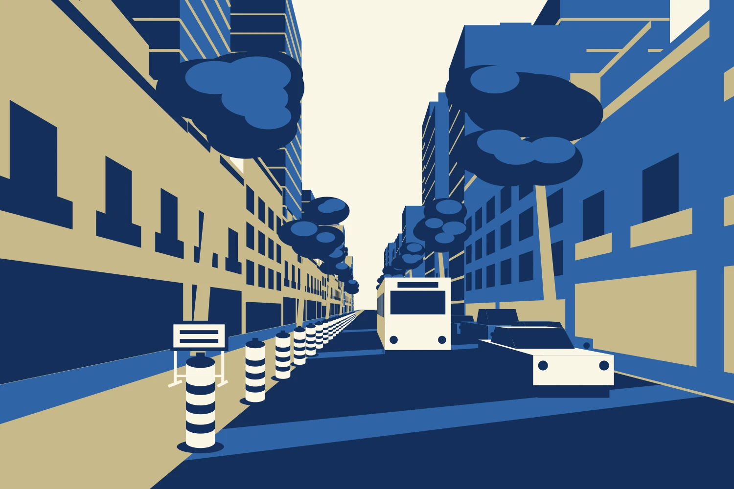 Ilustración: avenida arbolada; a la izquierda, tambores a rayas y un cartel acotan la calzada; a la derecha circulan un ómnibus y un auto.
