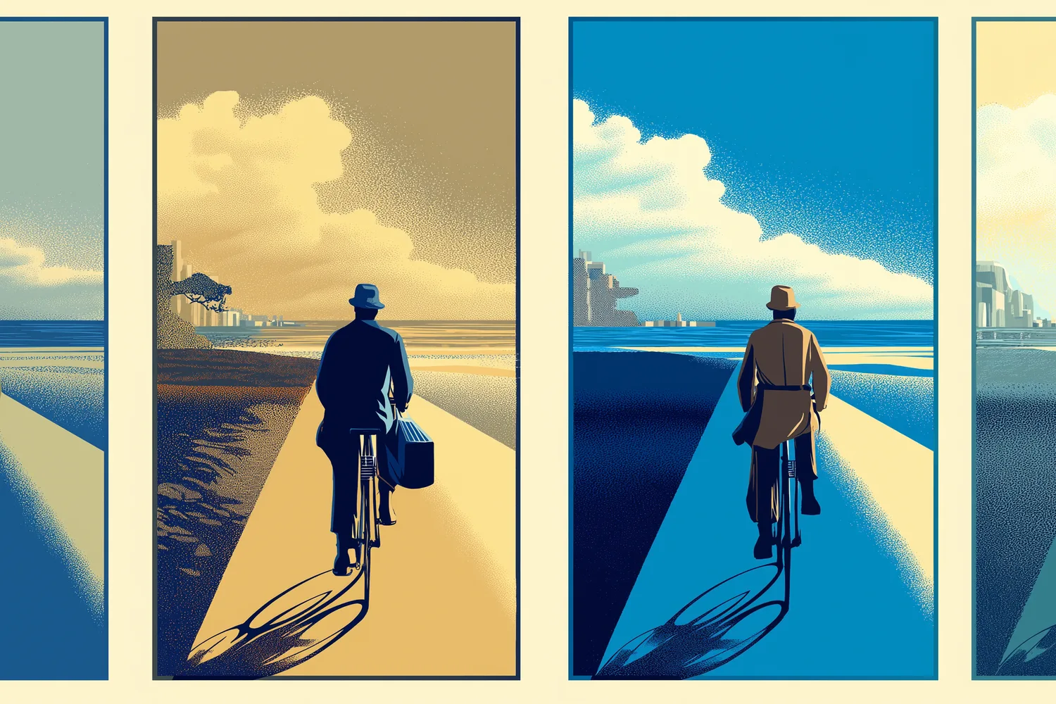 Ilustración: ciclista solitario sobre bulevar geométrico bajo cielo abierto.