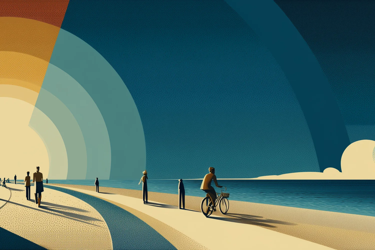 Ilustración: rambla costera con ciclista en silueta bajo arco de luz dorada.