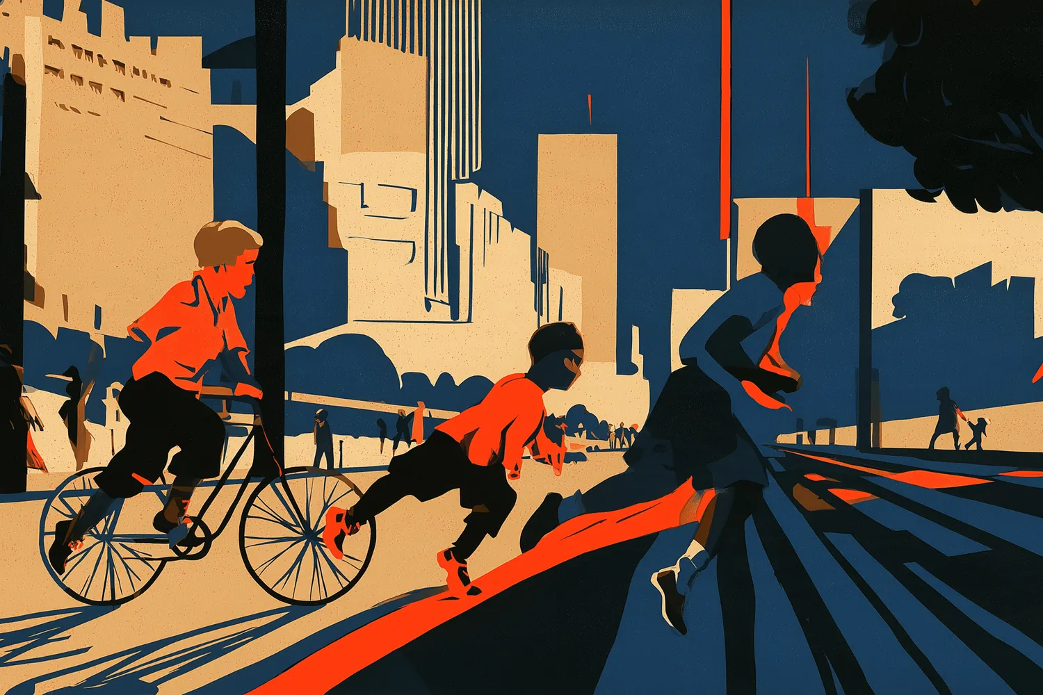 Afiche art déco: niños jugando en la calle de una ciudad, dos corriendo y dos en bicicleta, con edificios altos y un árbol al fondo.