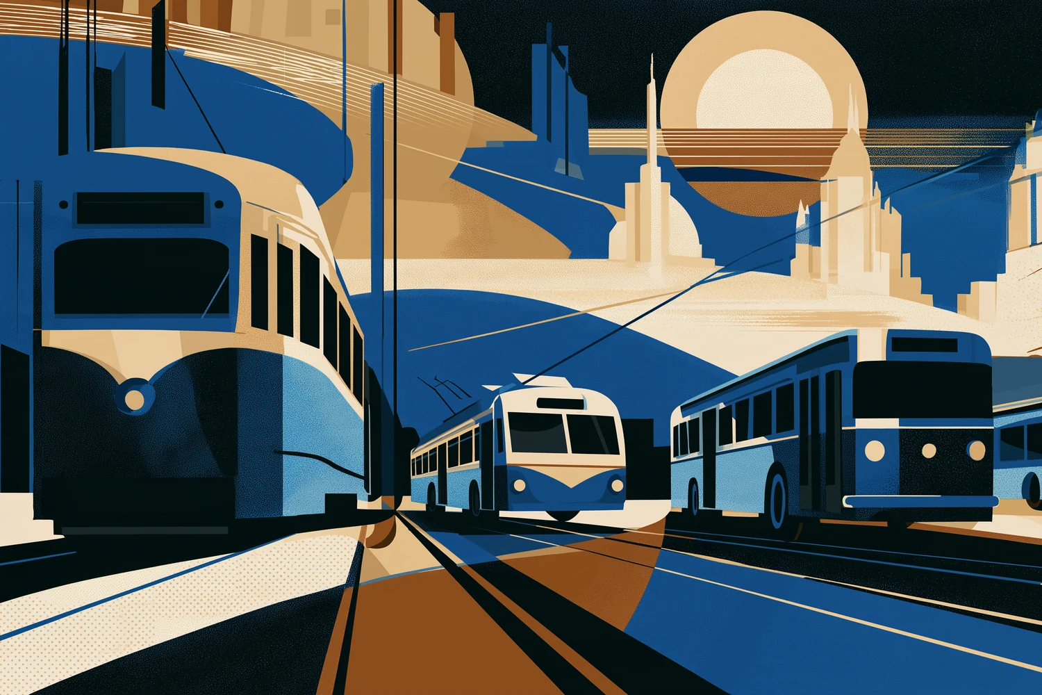 Afiche art déco: un tranvía, un trolebús y dos ómnibus en fila, con líneas que convergen hacia el centro, ante una ciudad de torres escalonadas y un sol grande.