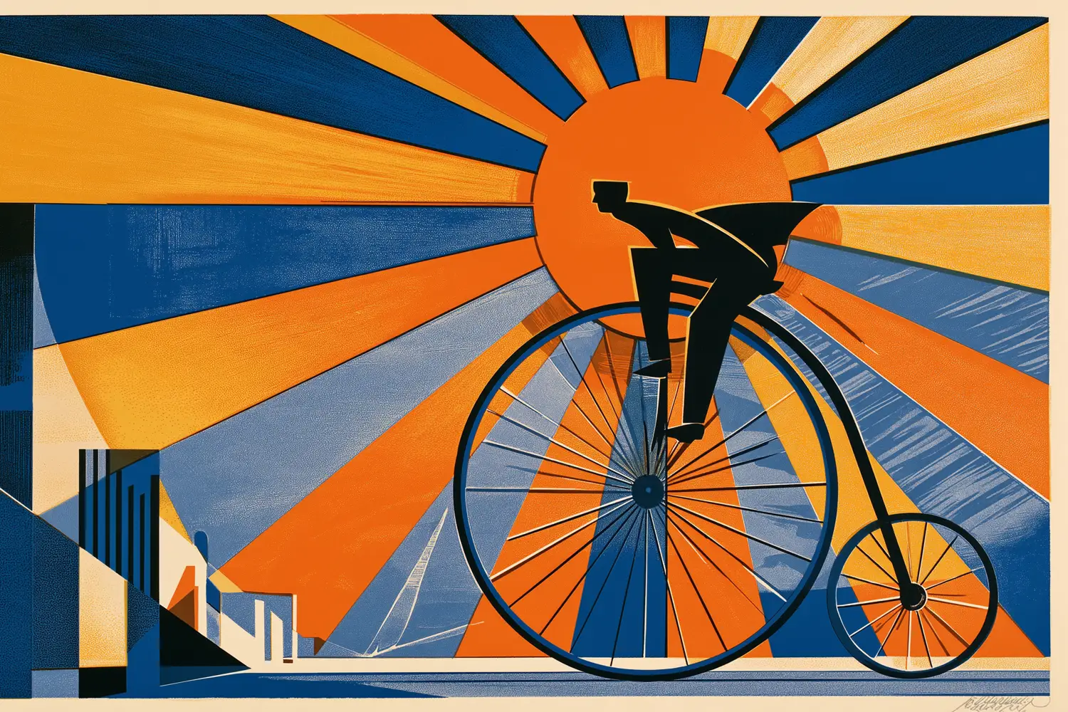 Ilustración art déco de un ciclista en biciclo de rueda alta, en silueta negra sobre un sol de rayos naranjas, crema y azules, con los bloques escalonados de una ciudad a la izquierda.