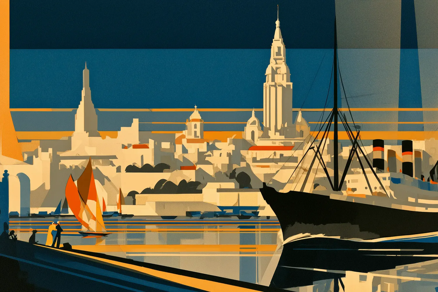 Ilustración art déco: un transatlántico de tres chimeneas y veleros en el puerto de Montevideo, con la Ciudad Vieja al fondo bajo un cielo de líneas geométricas.