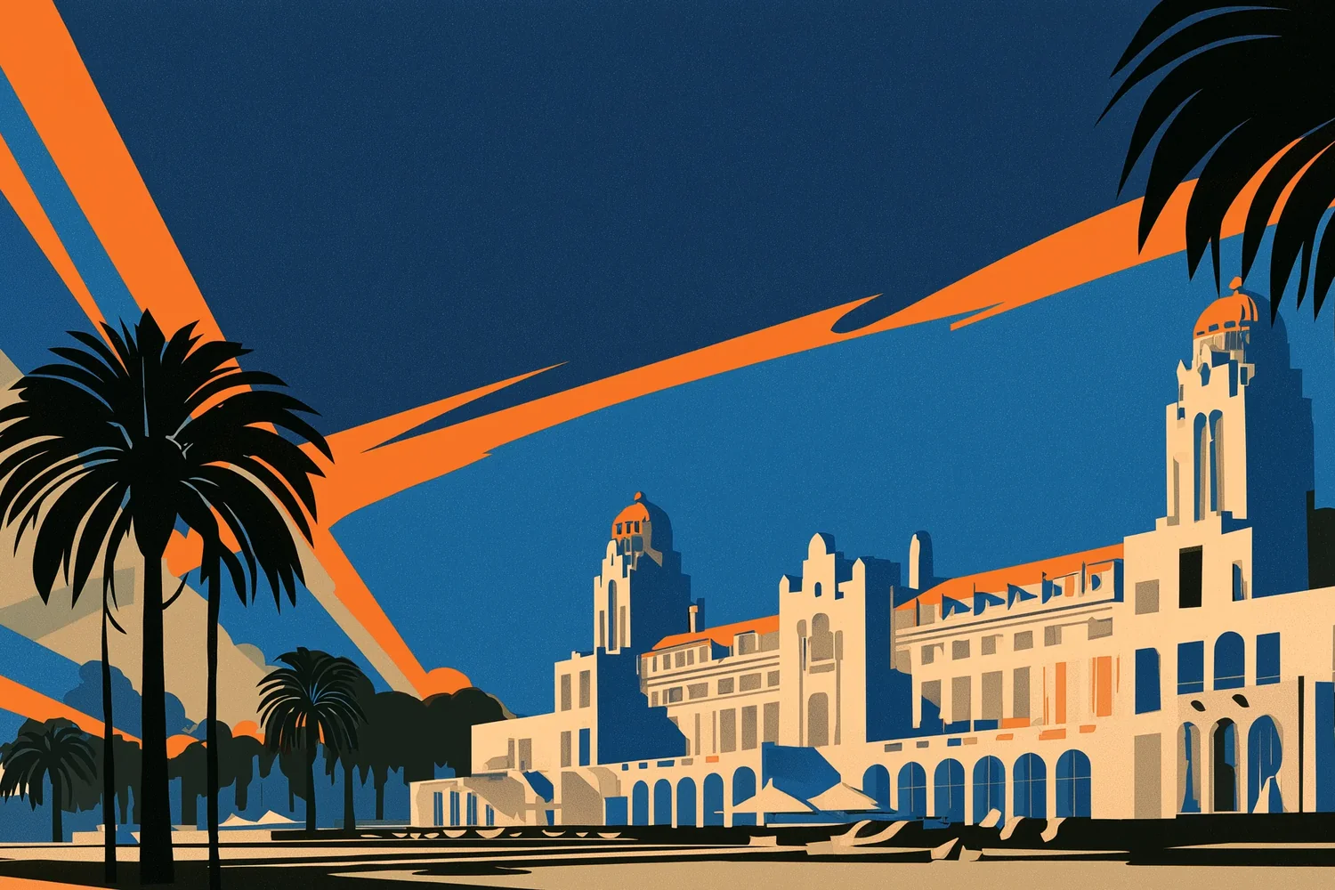 Ilustración art déco: el Hotel Carrasco con sus torres y cúpulas entre palmeras, bajo un cielo de rayos geométricos.