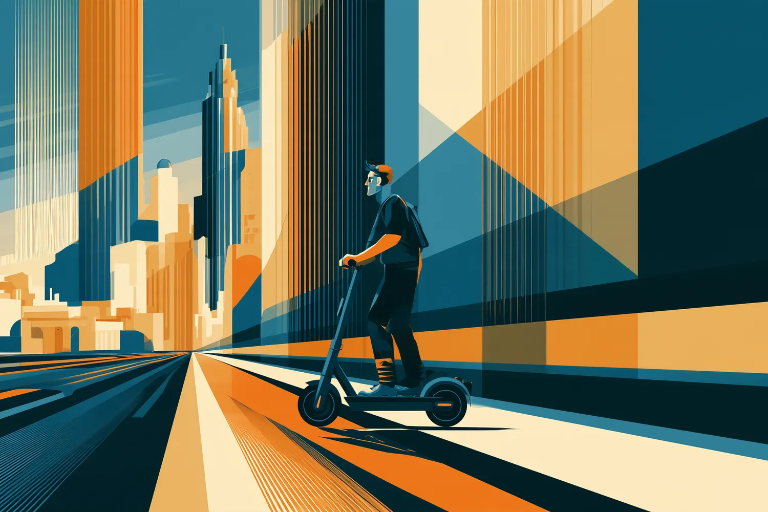 Afiche art déco: una persona en monopatín eléctrico avanza por una calle hacia una ciudad de torres y cúpulas.