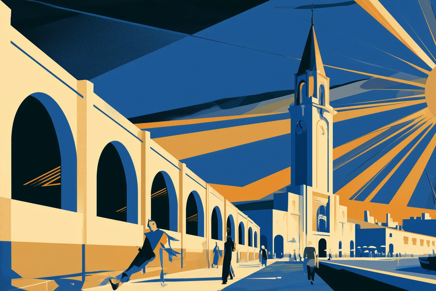 Ilustración art déco: la arcada del Mercado del Puerto con su torre reloj y peatones junto al puerto.