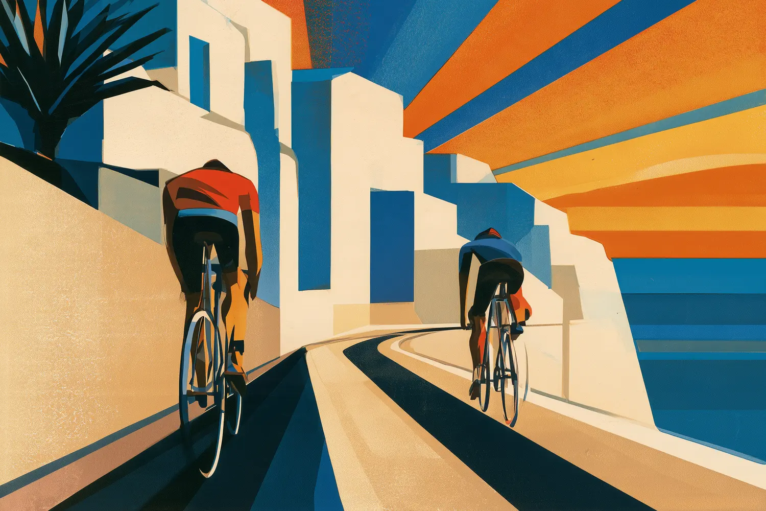 Ilustración: dos ciclistas de espaldas por una calle costera, entre casas blancas y el mar, bajo un cielo de rayos naranjas y azules. Estilo afiche 1920.