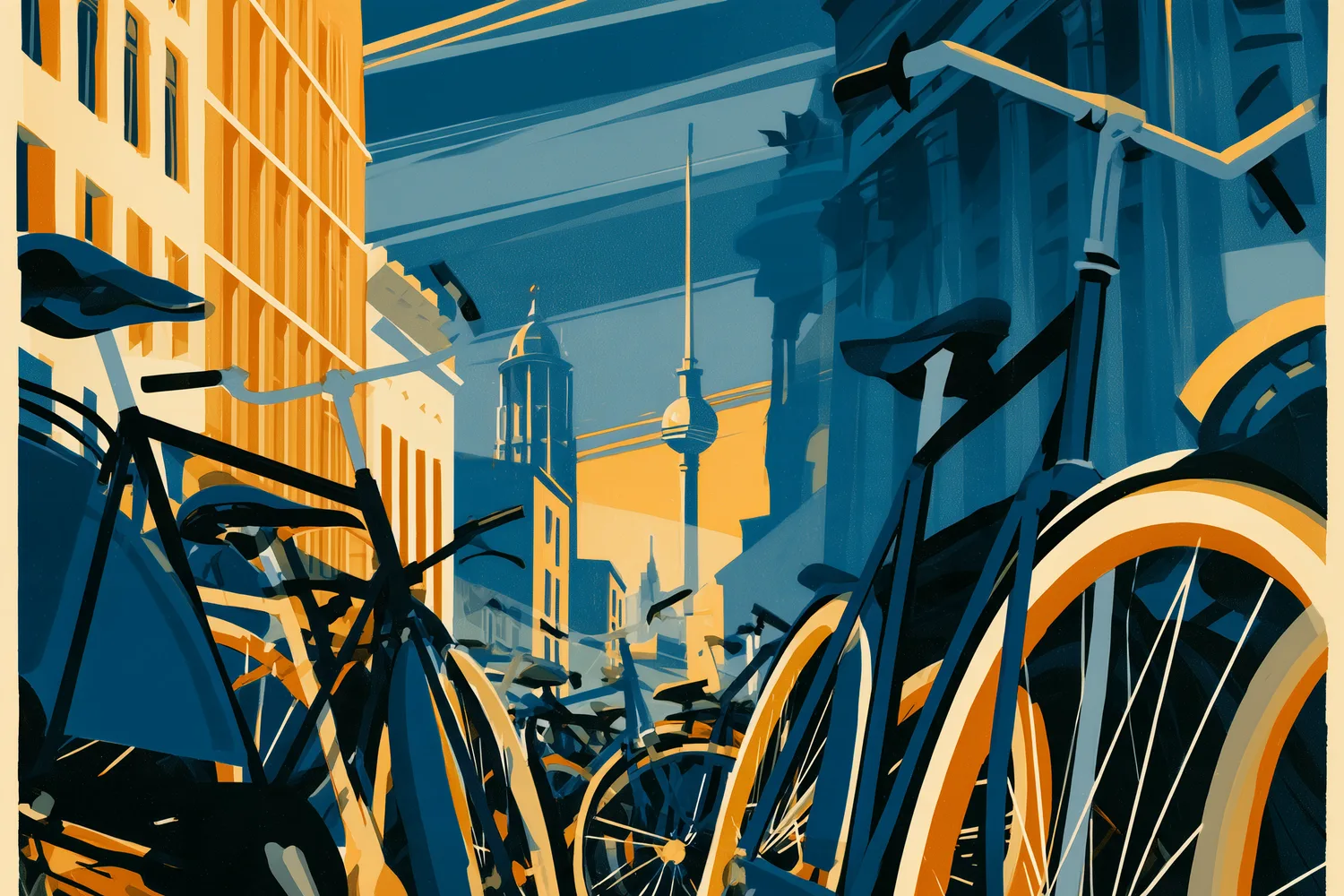 Ilustración art déco de bicicletas estacionadas y la Torre de Televisión de Berlín.