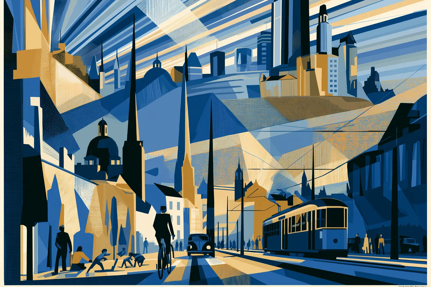 Ilustración art déco: calle de Montevideo compartida por tranvía, auto, ciclista y peatones bajo un cielo geométrico.
