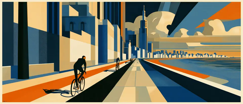 Ilustración art déco de la rambla de Montevideo: ciclistas junto al muro costero, torres y nubes al fondo.