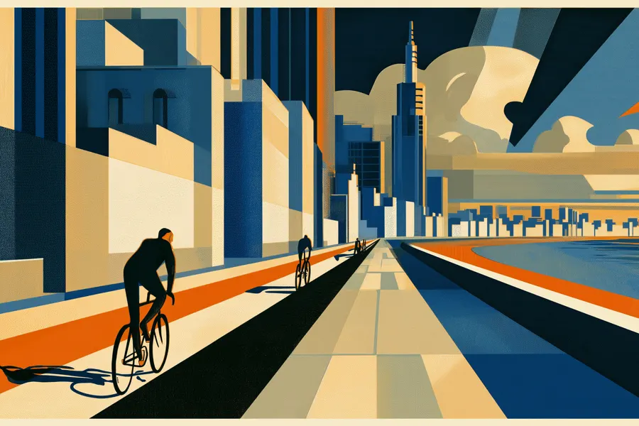 Ilustración art déco de la rambla de Montevideo: ciclistas junto al muro costero, torres y nubes al fondo.