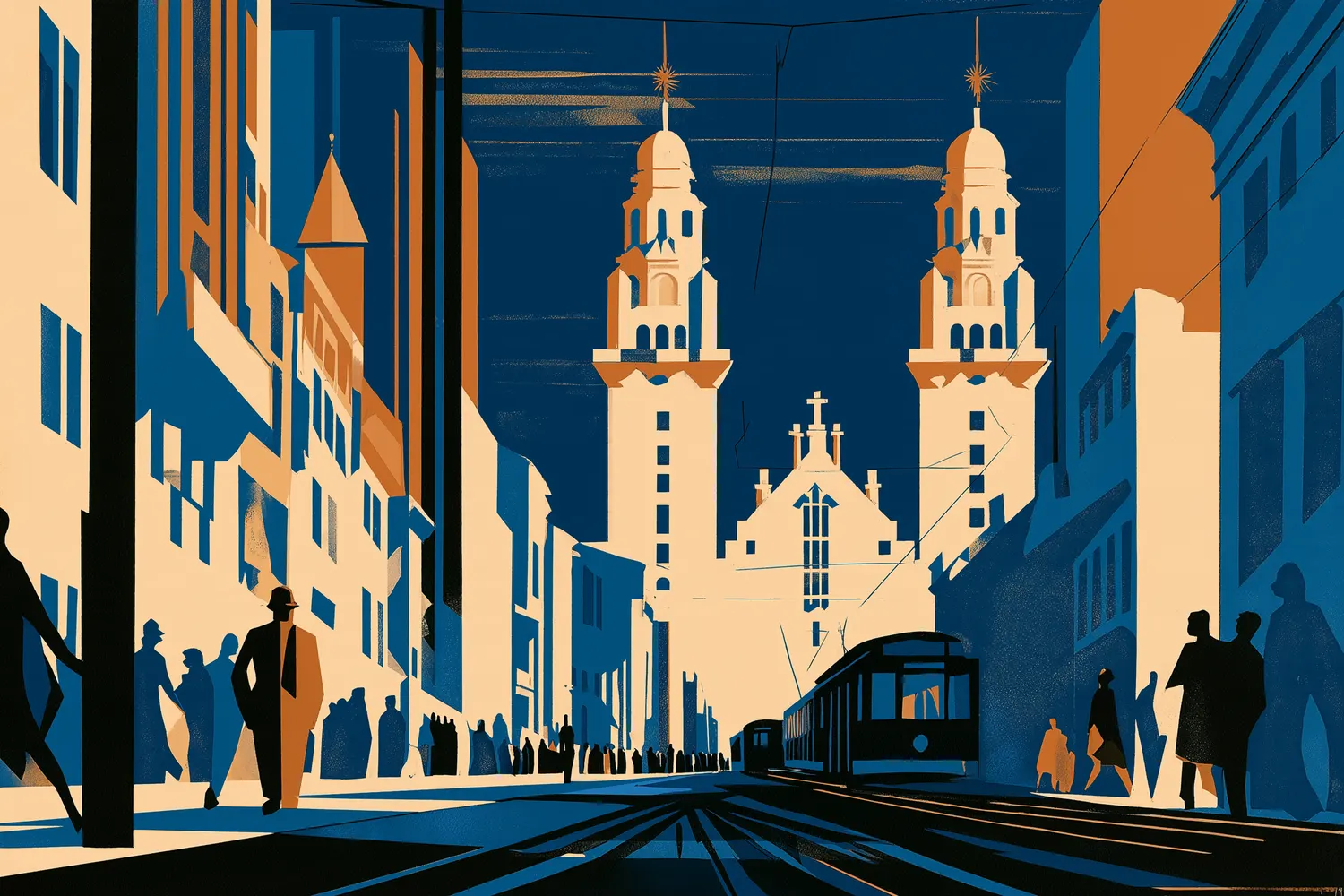 Ilustración art déco de la calle Sarandí: siluetas de peatones entre las fachadas de Ciudad Vieja, un tranvía sobre los rieles y las torres gemelas de una iglesia al fondo.