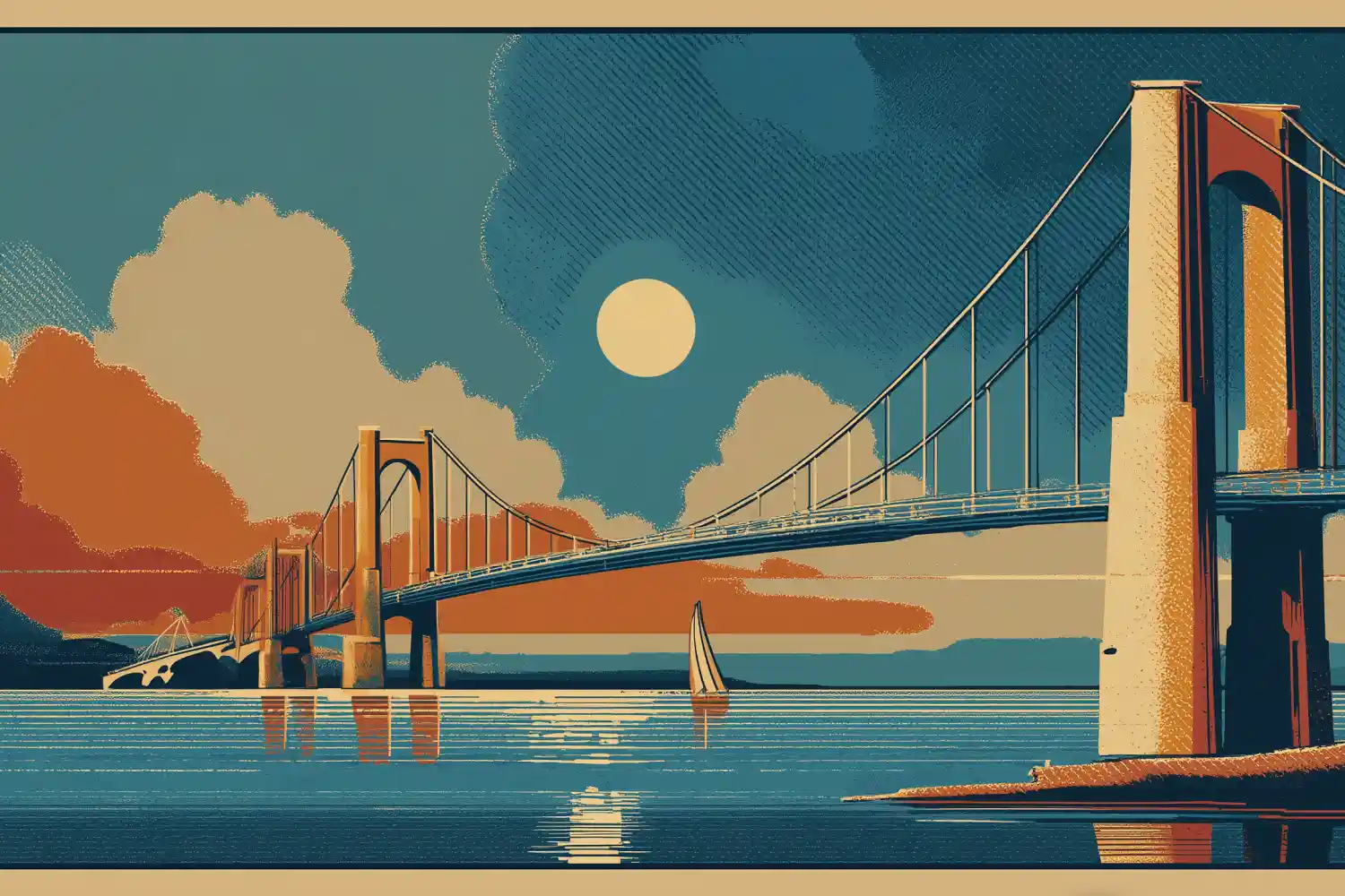Ilustración: puente colgante sobre río con velero y luna al crepúsculo.