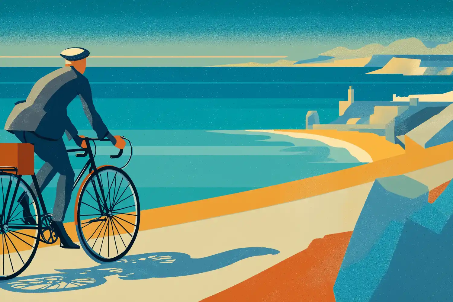 Ilustración: ciclista con alforja en ruta costera frente al mar.