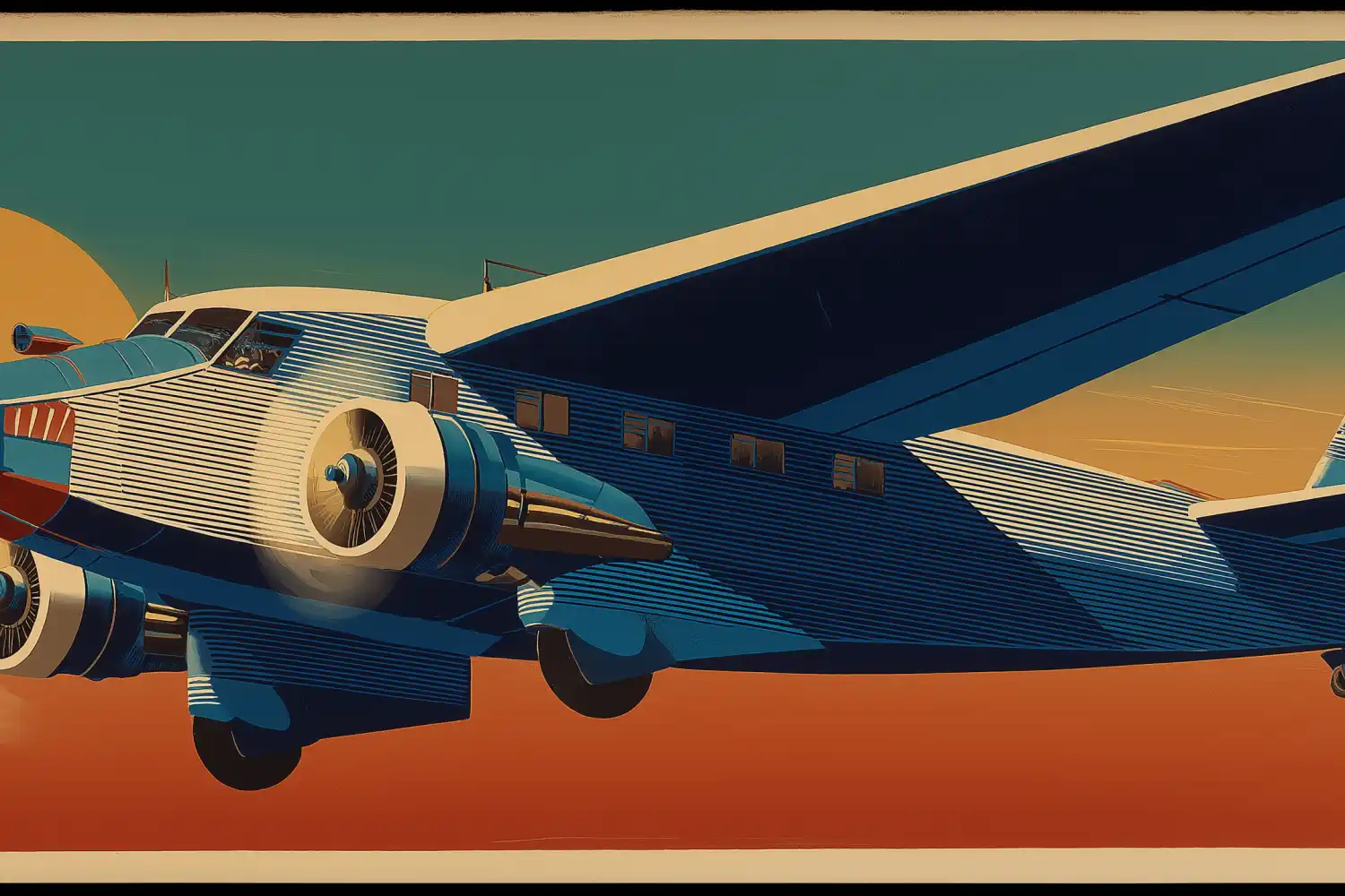 Ilustración: avión bimotora de hélices en ascenso contra cielo cálido.