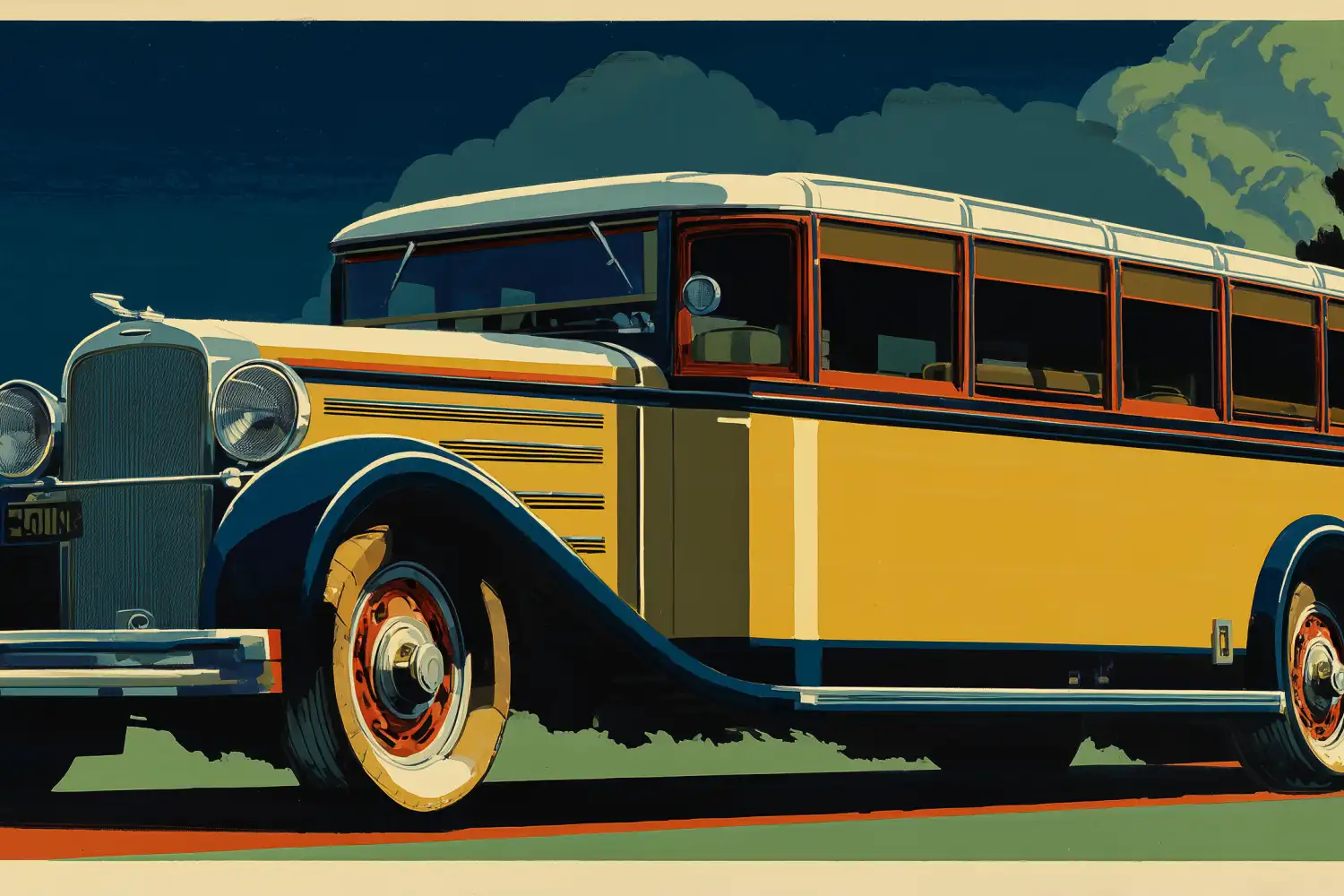 Ilustración: ómnibus vintage dorado de frente bajo cielo tormentoso.