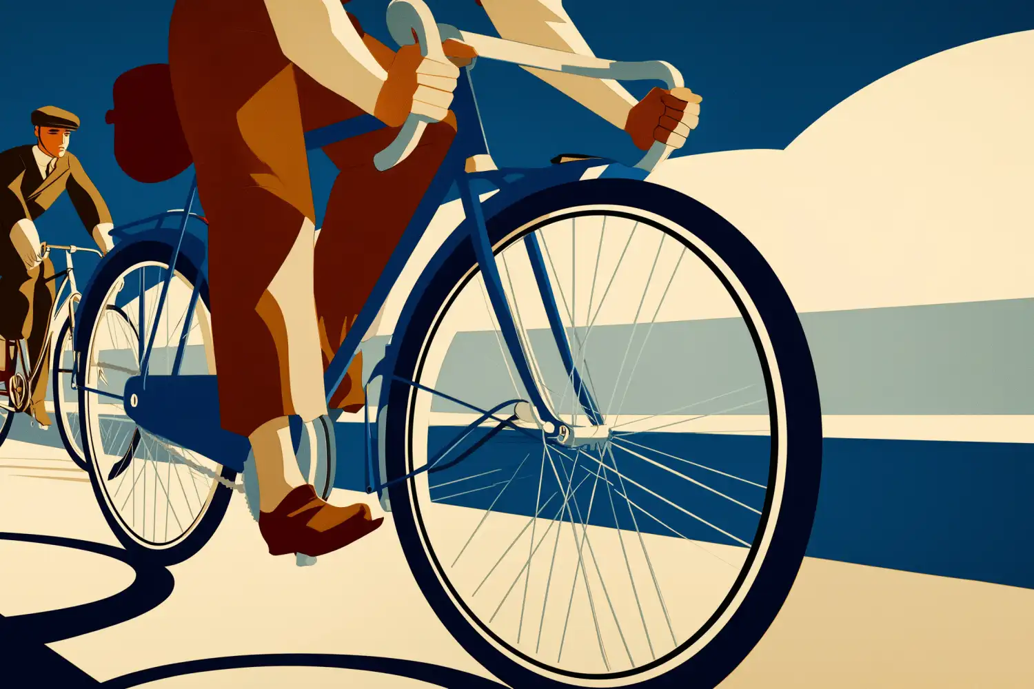 Ilustración: detalle de rueda y manillar de bicicleta con ciclista al fondo.