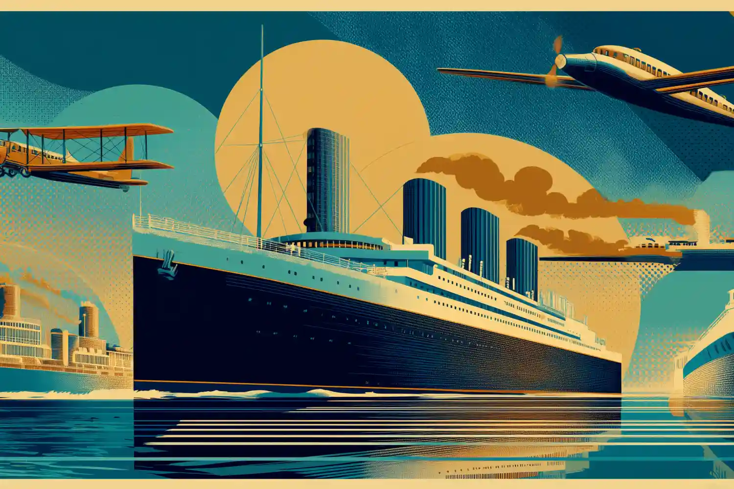 Ilustración: trasatlántico con biplano y avión sobrevolando aguas abiertas.