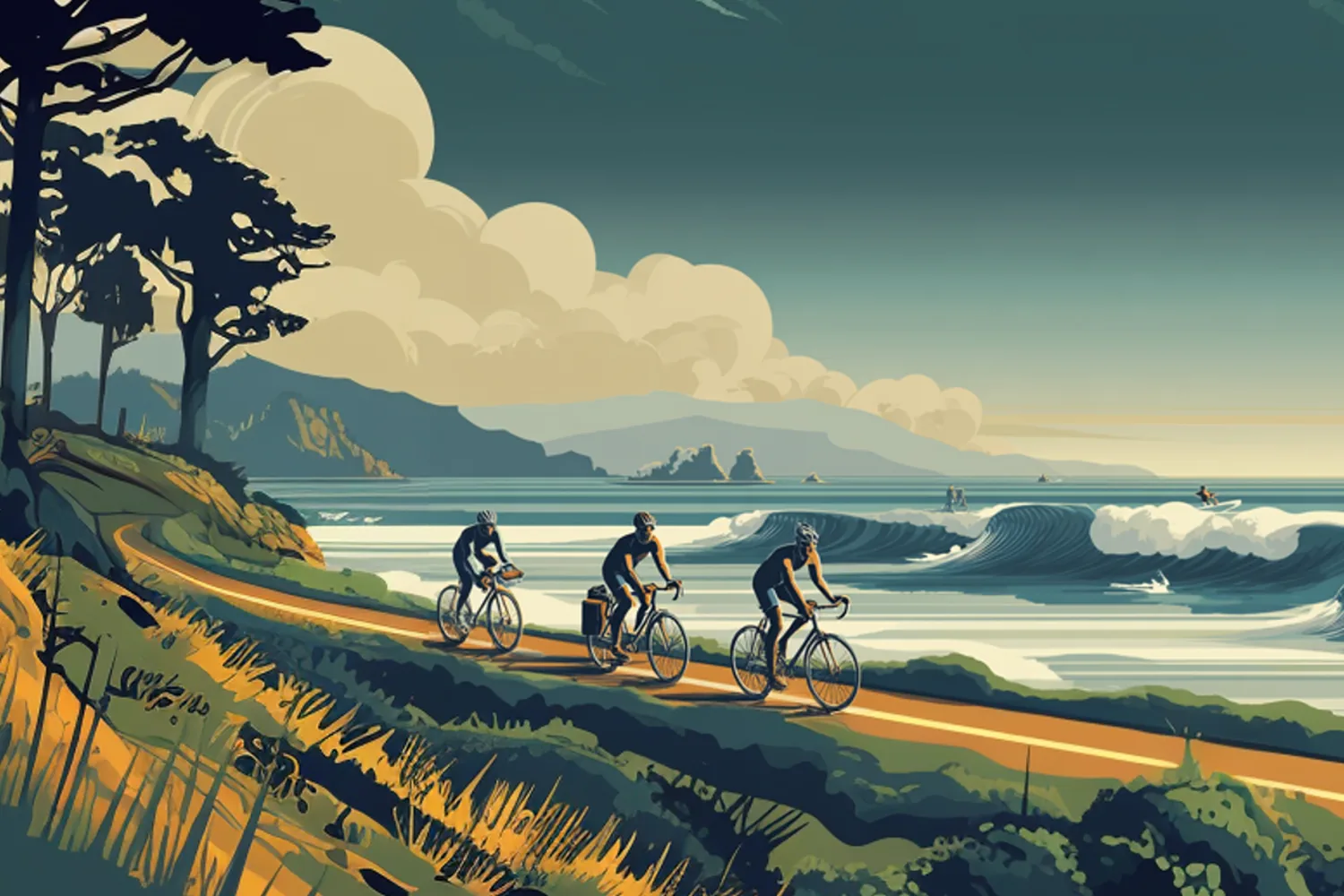 Ilustración: ciclistas pedalean por una rambla costera frente a olas rompiendo.