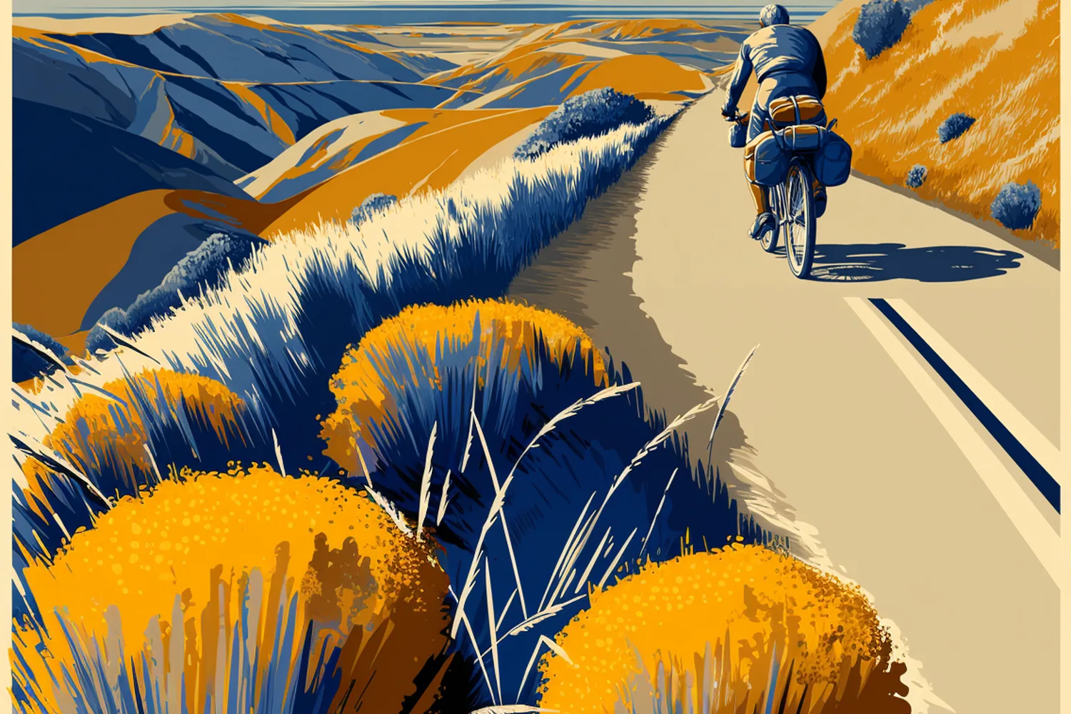 Ilustración: cicloviajero con alforjas asciende un camino de tierra entre cerros dorados.