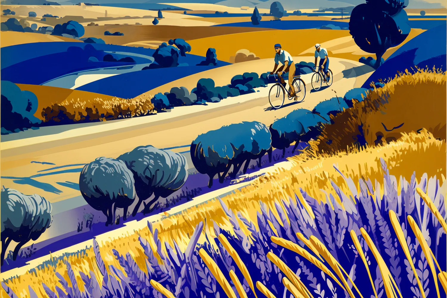 Ilustración: dos ciclistas pedalean por un camino rural entre lomadas doradas.