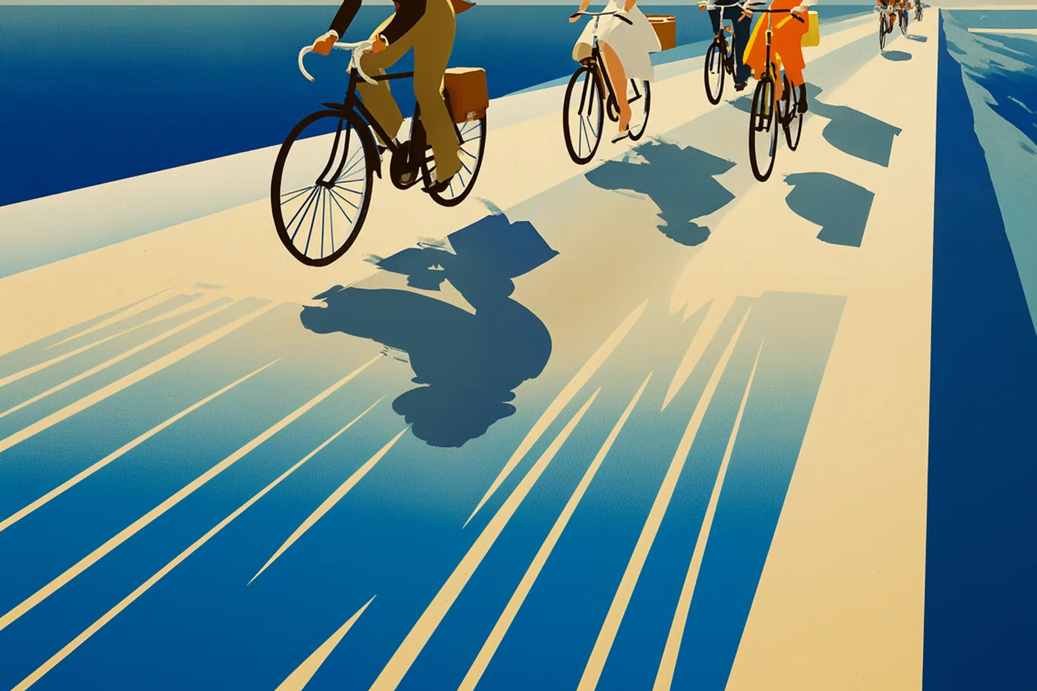 Ilustración: ciclistas con sombreros de verano avanzan en procesión por la rambla.