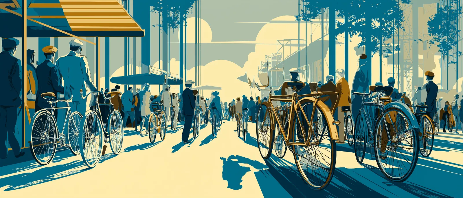 Ilustración: calle arbolada con ciclistas y bicicletas estacionadas, estilo afiche 1920.