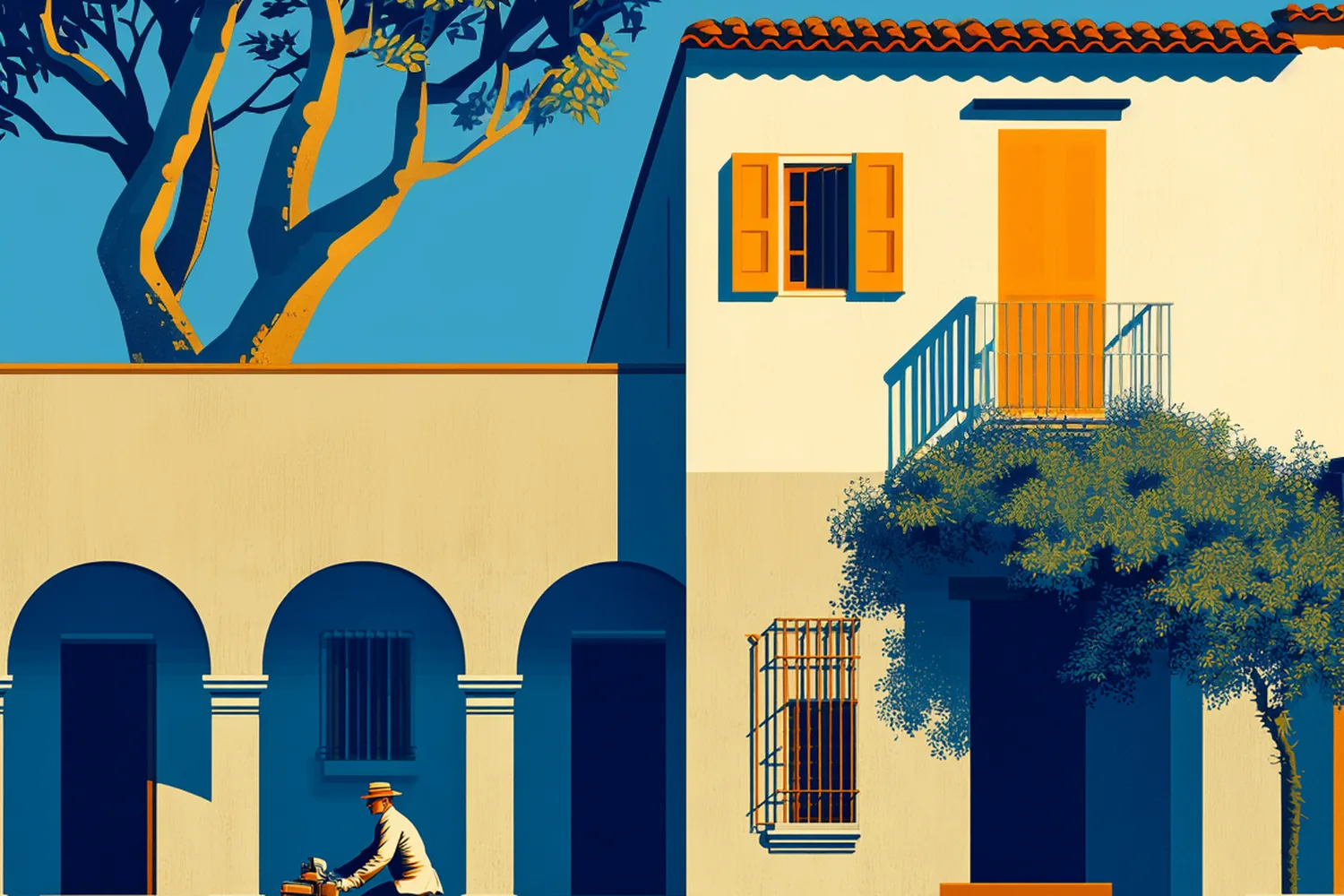 Ilustración: ciclista pasa frente a una casona colonial de arcadas y escalinata.