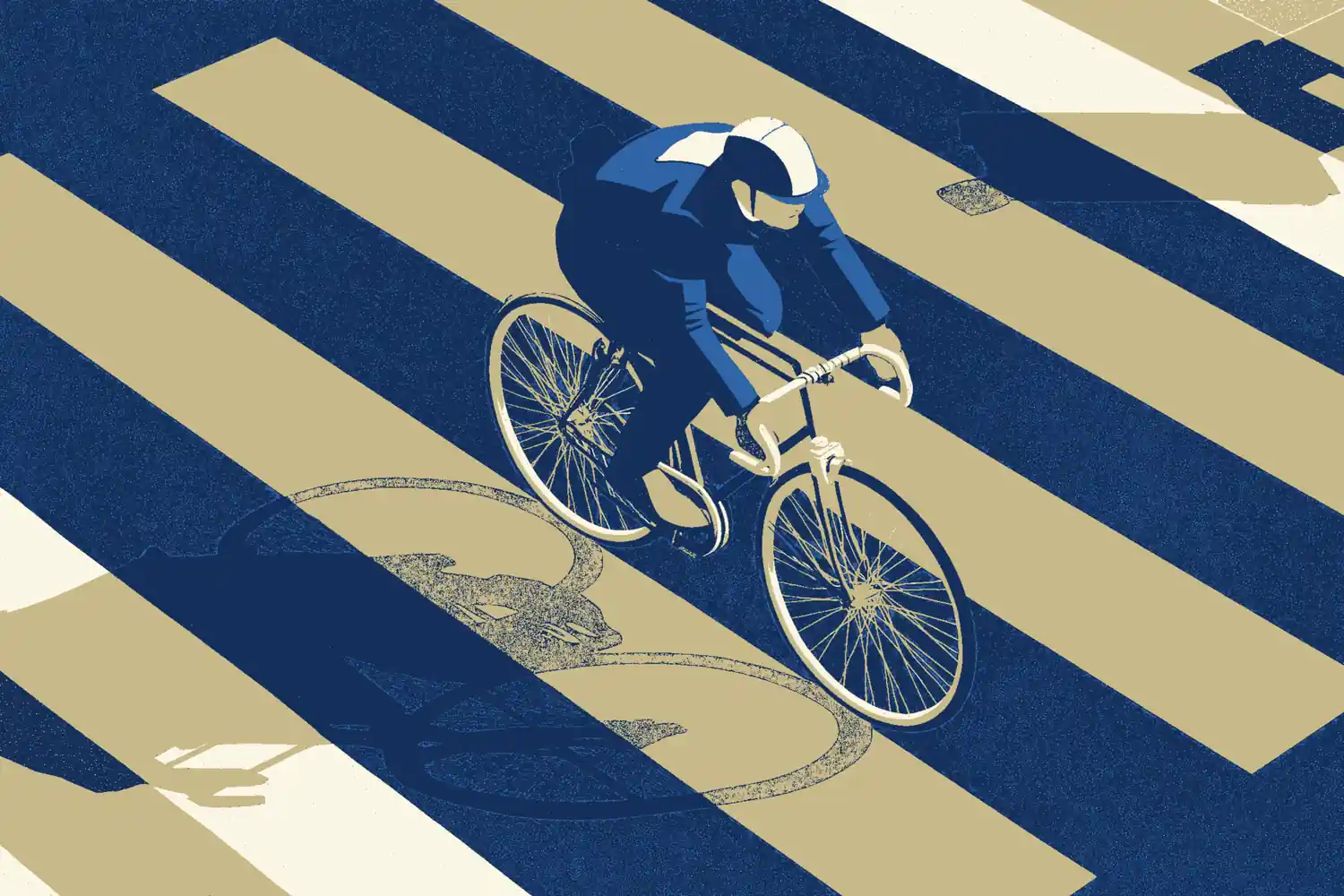 Ilustración: ciclista en silueta cruzando un paso peatonal visto en perspectiva aérea.