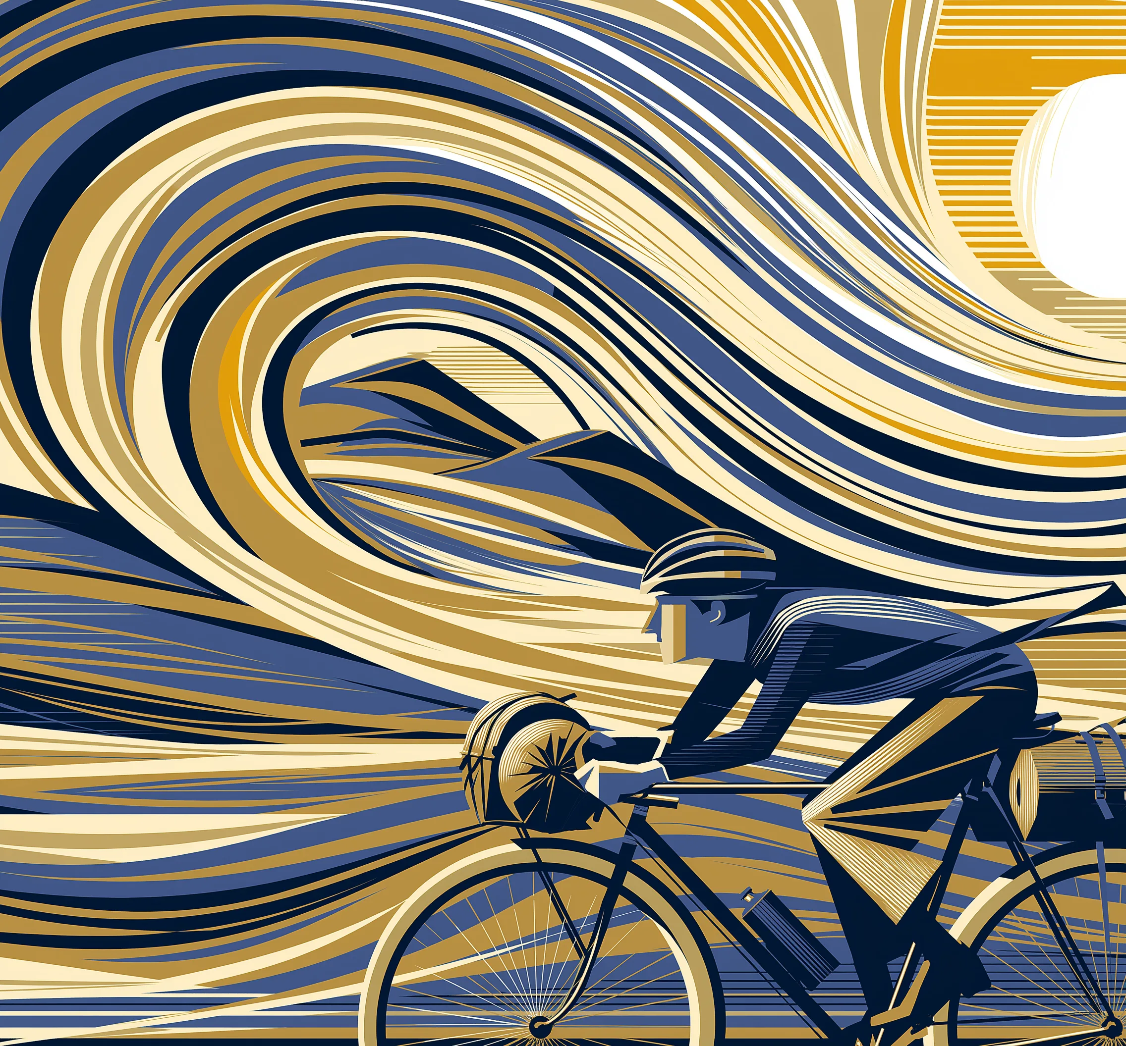 Ilustración: ciclista pedaleando inclinado contra el viento, con ráfagas doradas y azules en movimiento.