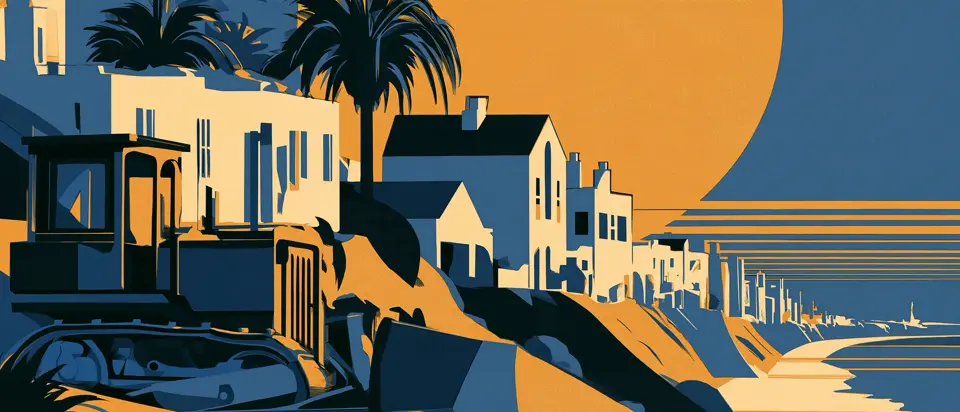 Afiche art déco: una topadora sobre una ladera de casas blancas frente a la costa, con el sol y el mar detrás.