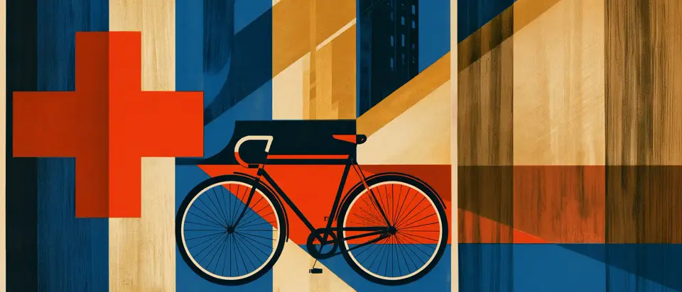 Afiche art déco: una bicicleta de cuadro negro en el centro, con una gran cruz griega roja a la izquierda, un edificio alto arriba y franjas verticales azules, crema y ocres.