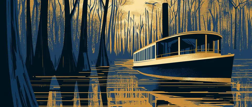 Ilustración art déco de un ferry cruzando el delta hacia Carmelo, con una bicicleta a bordo.