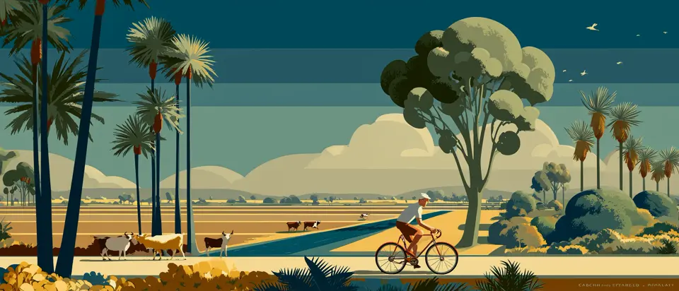 Ilustración: ciclista en camino rural entre palmeras y árboles frondosos bajo cielo claro. Estilo afiche 1920.