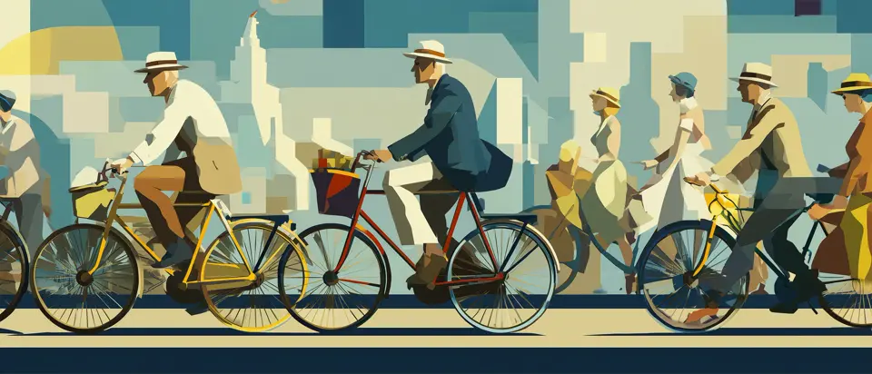 Ilustración: procesión de ciclistas en avenida urbana, sombreros y sombras largas en perspectiva. Estilo afiche 1920.