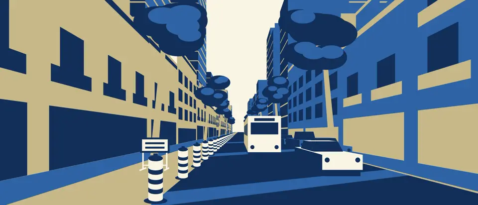 Ilustración: avenida arbolada; a la izquierda, tambores a rayas y un cartel acotan la calzada; a la derecha circulan un ómnibus y un auto.