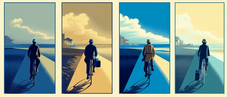 Ilustración: ciclistas en avenida arbolada con bulevar central y palmeras. Estilo afiche 1920.