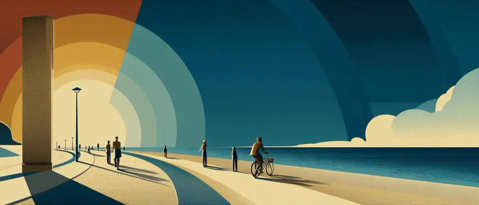 Ilustración: rambla costera al atardecer con ciclista en silueta bajo un arco de luz dorada. Estilo afiche 1920.