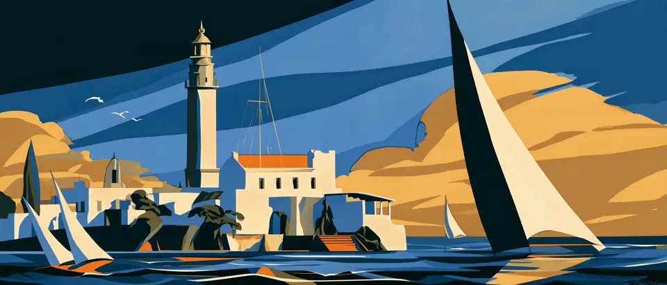 Ilustración art déco del faro de Colonia del Sacramento y veleros sobre el Río de la Plata.