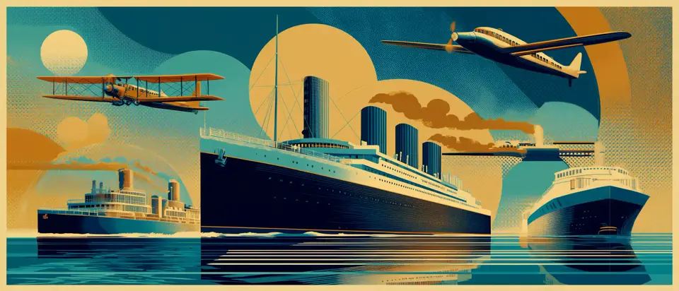Ilustración: trasatlántico de chimeneas en composición con biplano y avión moderno sobre aguas calmas. Estilo afiche 1920.