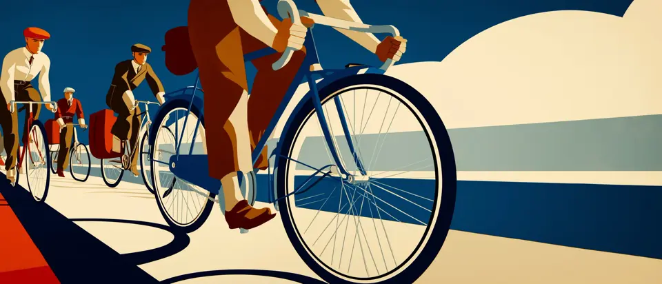 Ilustración: ciclista cargado con alforjas en ruta de tierra, cruzando la frontera hacia Uruguay. Estilo afiche 1920.