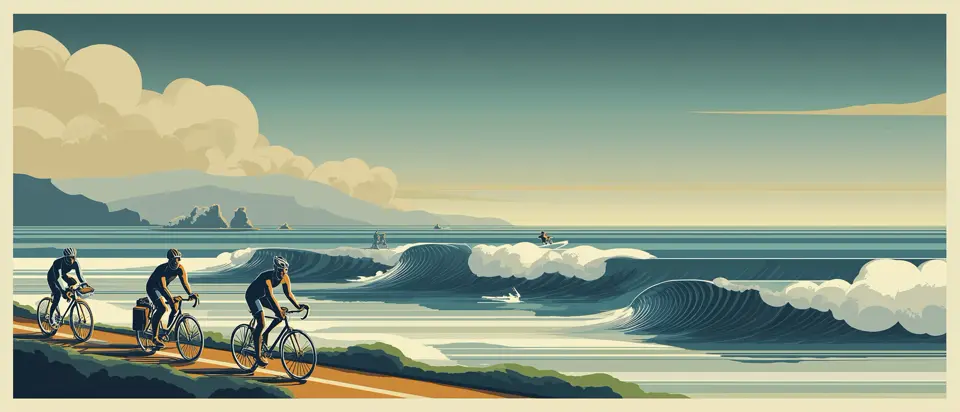 Ilustración: ciclista en ruta costera con dunas y océano Atlántico al fondo. Estilo afiche 1920.