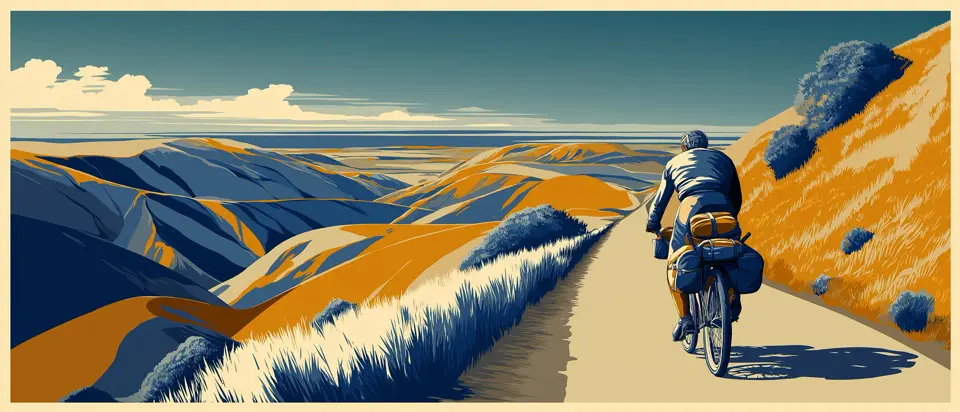 Ilustración: ciclista en largo camino hacia el horizonte con montañas lejanas. Estilo afiche 1920.