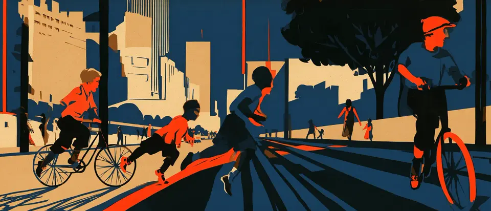 Afiche art déco: niños jugando en la calle de una ciudad, dos corriendo y dos en bicicleta, con edificios altos y un árbol al fondo.
