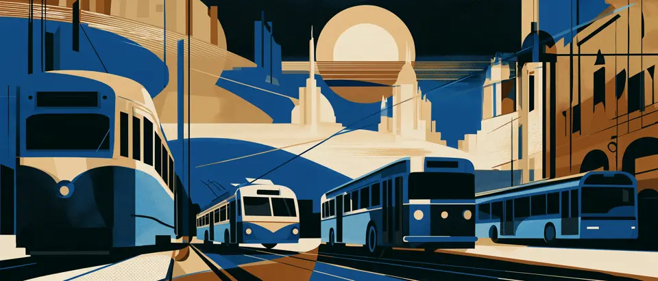 Afiche art déco: un tranvía, un trolebús y dos ómnibus en fila, con líneas que convergen hacia el centro, ante una ciudad de torres escalonadas y un sol grande.
