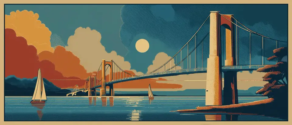 Ilustración: cruce fluvial y puente entre Argentina y Uruguay bajo cielo con banderas. Estilo afiche 1920.